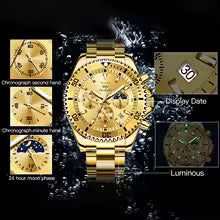 OLEVS Watches Top Luxury Brand Original Water Resistant Chronograph Stainless Steel Moon Phase Date Rotary Dial