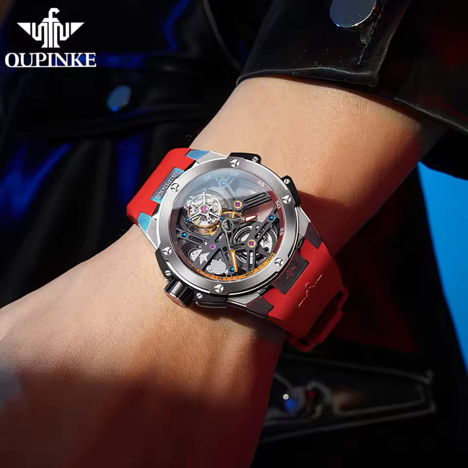 OUPINKE 8003 Fashion Hollow Automatic Watch for Men 45mm Big Dial Tourbillon Mechanical Men's Watches Waterproof Luxury Wristwatch