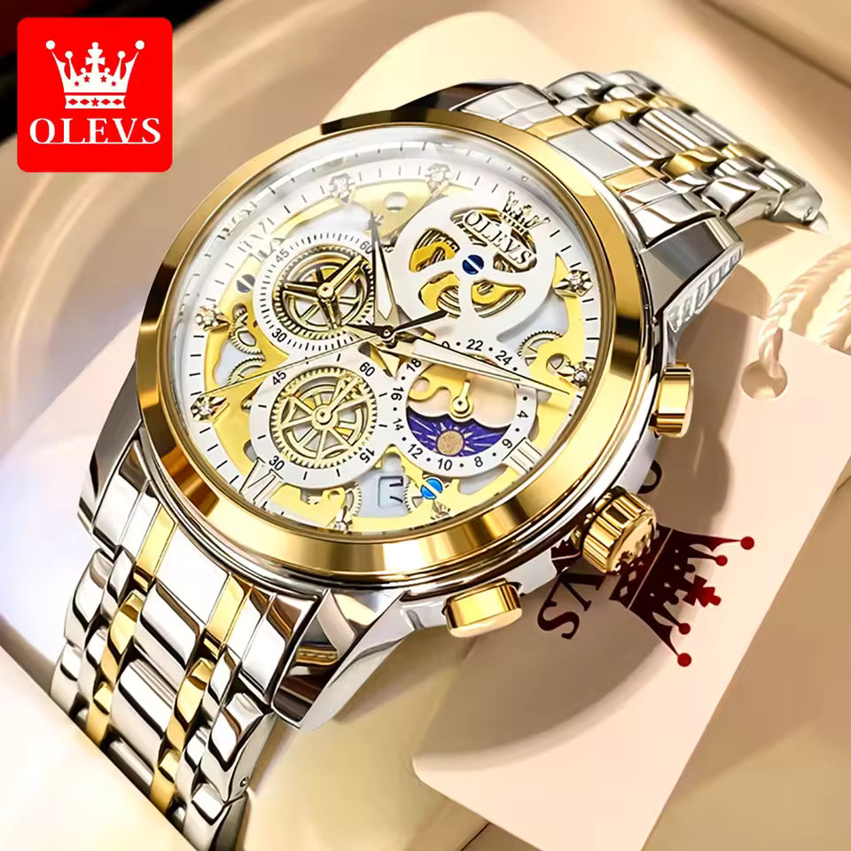 OLEVS Original Luxury Brand Watches Men's Quartz Watch Waterproof Gold Skeleton Style 24 Hours Day Night New